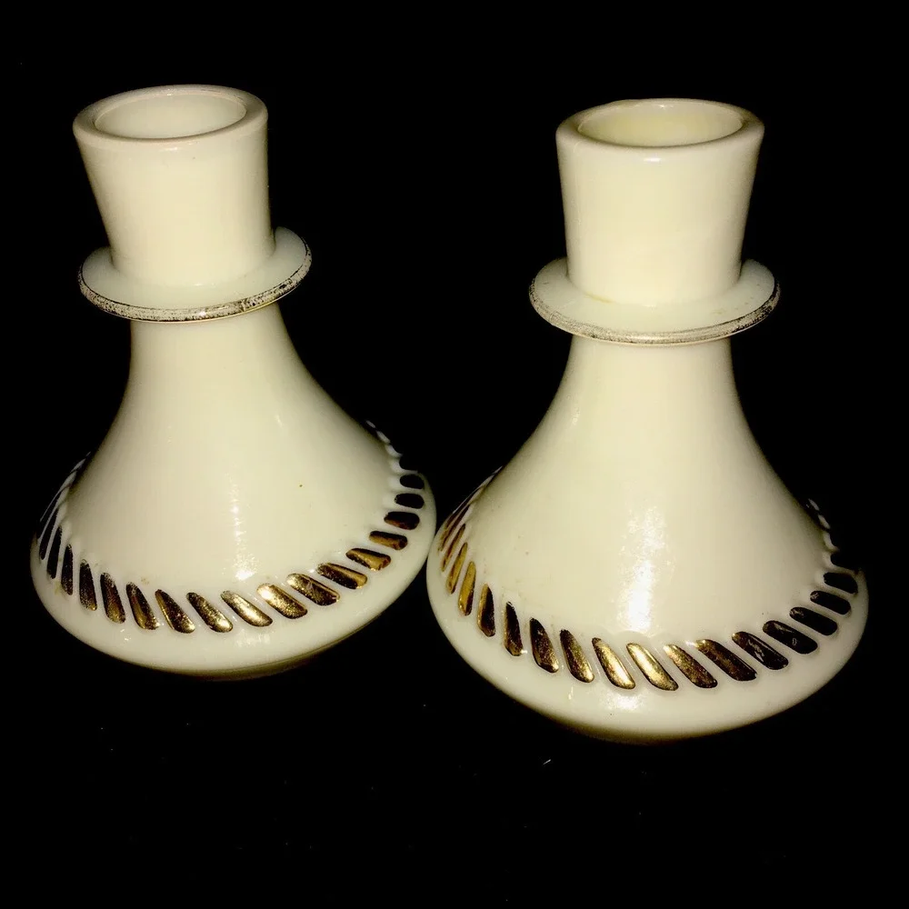 Vintage Pair Custard Glass with Gold accents Wheaton Ware Taper Candle Holders